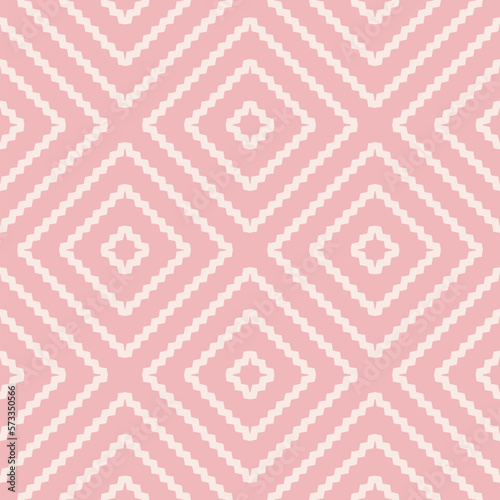 Vector geometric seamless pattern. Retro vintage style seamless texture with diamonds, rhombuses, zigzag lines, chevron. Elegant geo ornament. Abstract pink background. Cute design for decor, print