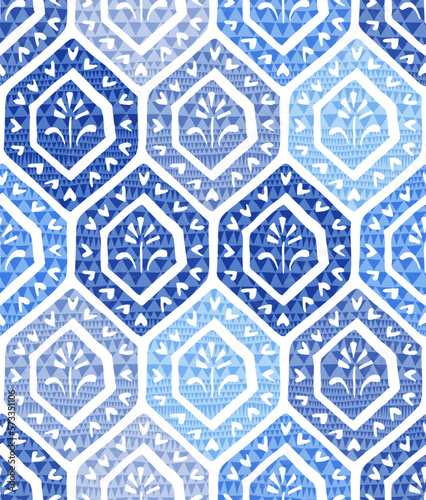 Seamless blue and white pattern. Floral ornament tile. Vector illustration.