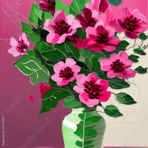 oil painting brush stroke  smooth paint  grey vase  cream background  closeup pink and burgundy flowers with green leafy vines - generative ai