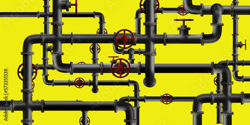 Pipe plumbing. Steel pipeline isolated on yellow. Pipes plumbing with water shut-off valves. Metal pipes plumbing. Tangled pipeline as metaphor for industrialization. 3d rendering.