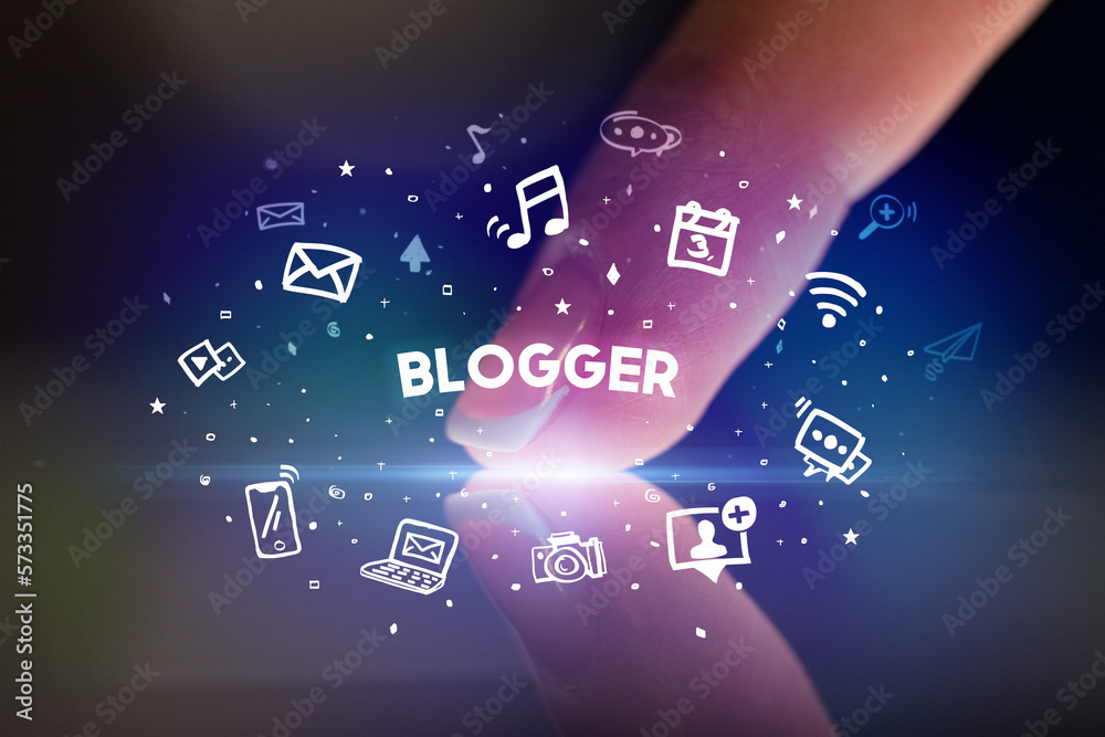 Finger touching tablet with social media icons concept Finger touching tablet with social media icons concept