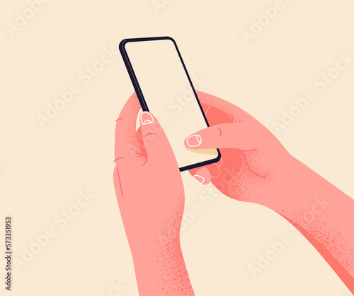 Holding phone in two hands. Empty screen, phone mockup. Editable smartphone template vector illustration on isolated background. Application on touch screen device. Learning or booking online concept