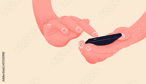 Social network life on your phone vector illustration. Hand holding smartphone editable mockup. Push touch screen. Play with phone instead of working. Waste time by hanging on social platforms