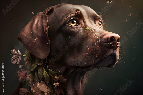 Romantic Dog under flowers with sad look