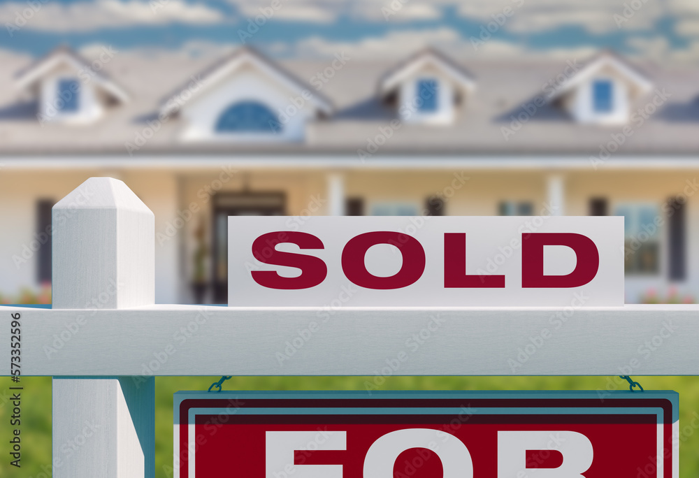 Sold For Sale Real Estate Sign in Front of New House.