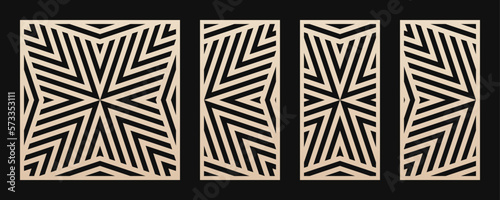Laser cut patterns. Vector collection with abstract geometric lines, stripes. Modern geometry panels. Trendy decorative stencil for laser cutting of wood, metal, plastic, paper. Aspect ratio 1:1, 1:2