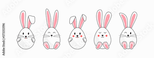 Easter egg with bunny ear and paw. Cute rabbit emoji face icon  cartoon animal character set isolated on white background. Holiday vector illustration