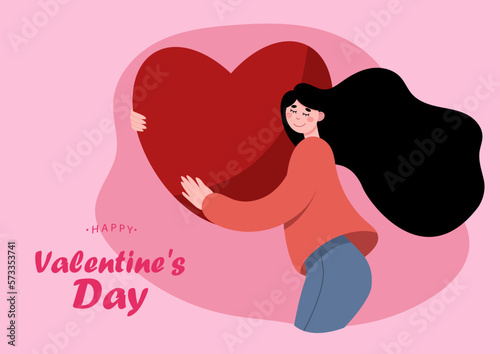 Young woman embraces a big red heart with mindfulness and love. Valentine day concept poster