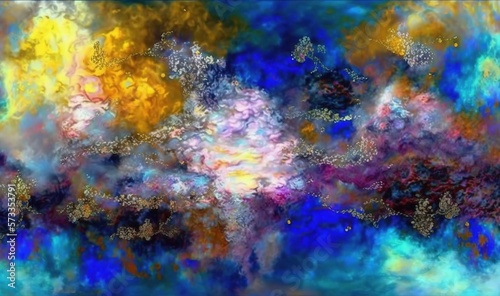 an abstract painting with a blue, yellow, and purple background.  generative ai © Anna