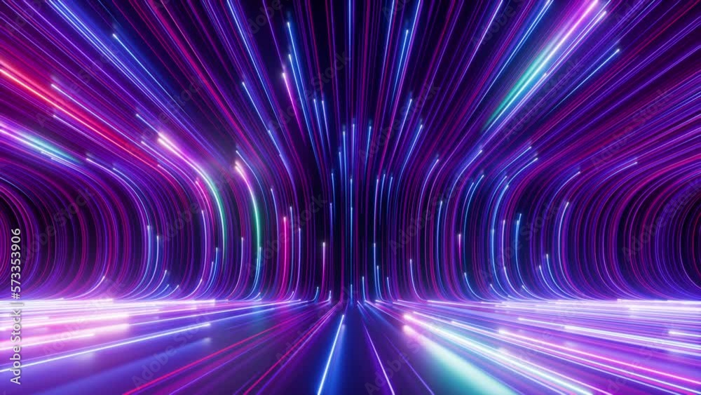 cycled 3d animation. Abstract background with ascending colorful neon lines, glowing trails