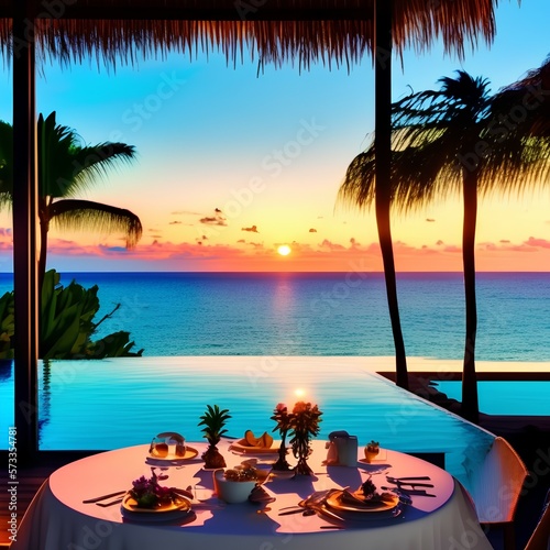 Seascape view under sunset light with dining table with infinity pool around it. Romantic tropical getaway for two  couple concept. luxury destination food - generative ai