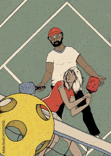 Pickleball game illustration. Two people playing pickleball on the court. 
