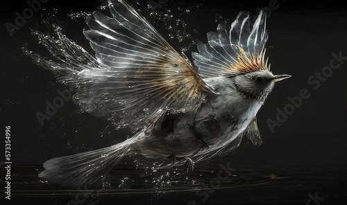  a bird is splashing water on its wings in the dark. generative ai