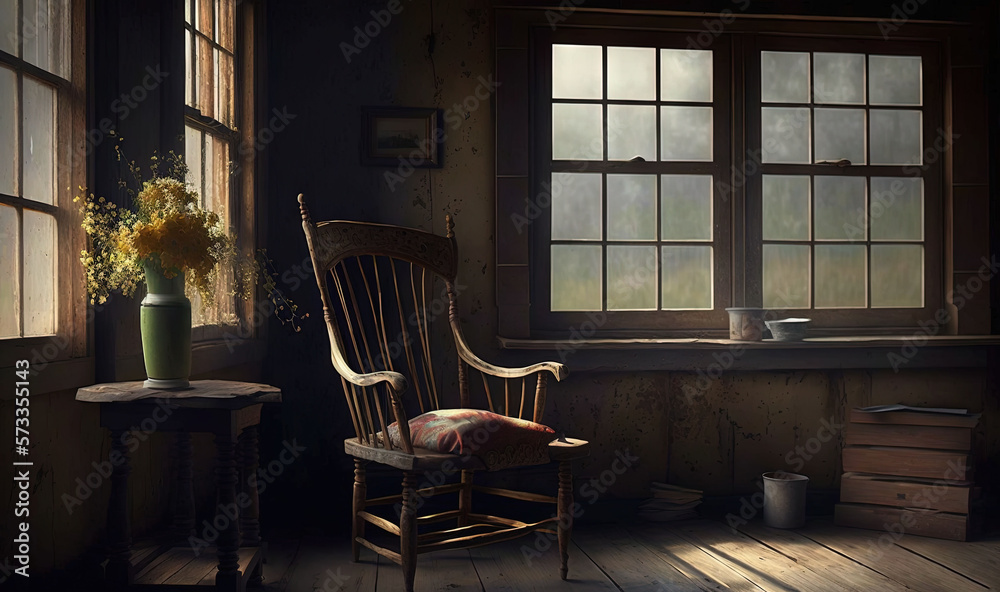 Fototapeta premium a room with a chair, a table and a vase with flowers. generative ai