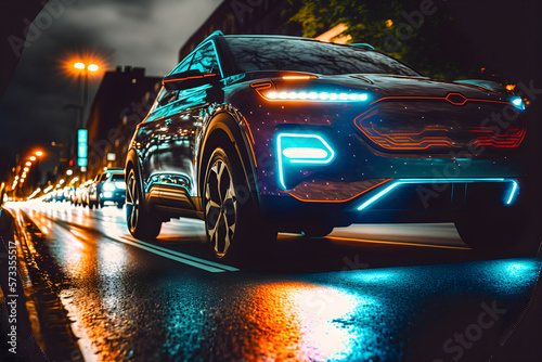 Premium aesthetic electric car in city night, design, Generative Ai. © hutangach
