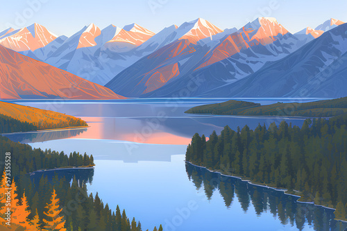 View of Silver Glance Lake with the Wasatch Range in the background during sunset generative ai