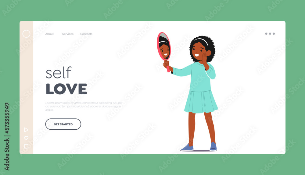 Self Love Landing Page Template. Little Black Girl Staring Into A Mirror, Examining her Reflection, Exhibiting Emotions Self Love Landing Page Template. Little Black Girl Staring Into A Mirror, Examining her Reflection, Exhibiting Emotions