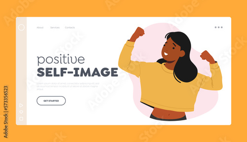 Positive Self-Image Landing Page Template. Strong-willed And Self-assured Young Woman Perform Muscle Vector Illustration