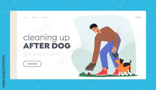 Responsible Pet Ownership Landing Page Template. Male Character Cleaning Up Poop into Bag After his Dog Illustration