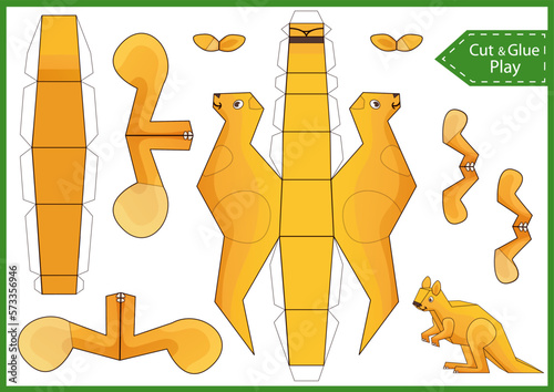 Kids craft template. Create to cut and glue paper animals. Cutout 3d puzzle of kangaroo. DIY papercraft toys. Activity worksheet for children. Vector printable education game. Birthday decor. 