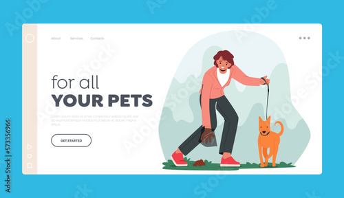 Pet Ownership Landing Page Template. Woman Pet Owner Picking Dog Poo into Plastic Bag on Street. Hygiene Maintenance