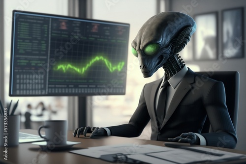 alien businessman in the office with stock chart made by generative ai