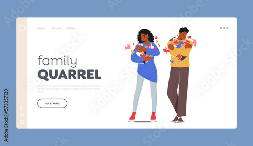 Family Quarrel Landing Page Template. Miscommunication Between Male and Female Family Characters Vector Illustration