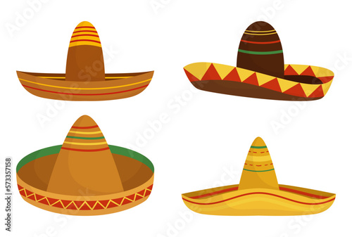 Set Classic And Traditional Sombrero Hats Isolated On White Background, Elements For Mexican Theme Vector Illustration