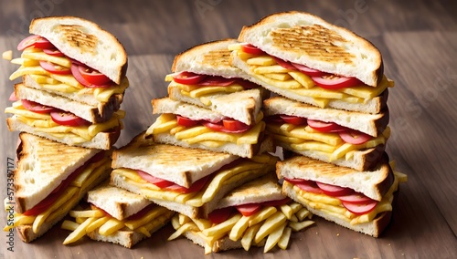 Panini sandwiches grilled cheese and crispy with fries, ai generated 
 photo