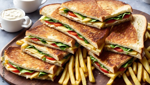 Panini sandwiches grilled cheese and crispy with fries, ai generated 