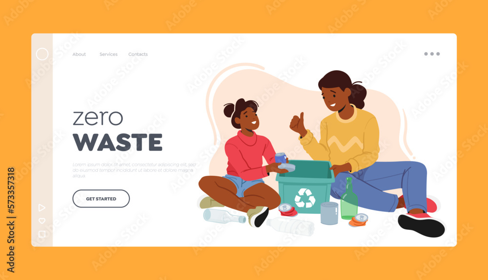 Zero Waste Landing Page Template. Mother Teach Daughter Sorting Trash. Kids Separate Different Garbage into Litter Bin