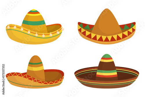 Set Of Bold And Vibrant Sombrero Hats Isolated On White Background, Icons For Mexican Or South American Cultural Theme