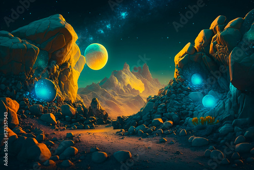 Fantastic landscape of alien planet with rocks  flying stones and glowing yellow and blue spots. Illustration of cosmos space and planet surface panorama for computer game background. Generative AI
