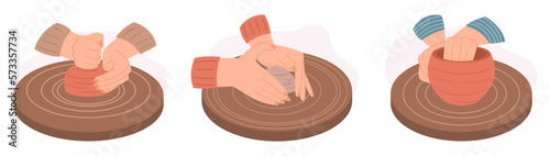 Craftsman Working On Pottery Wheel To Create Handcrafted Pot. Close-up View Of Potter Molding Clay Creating Jug