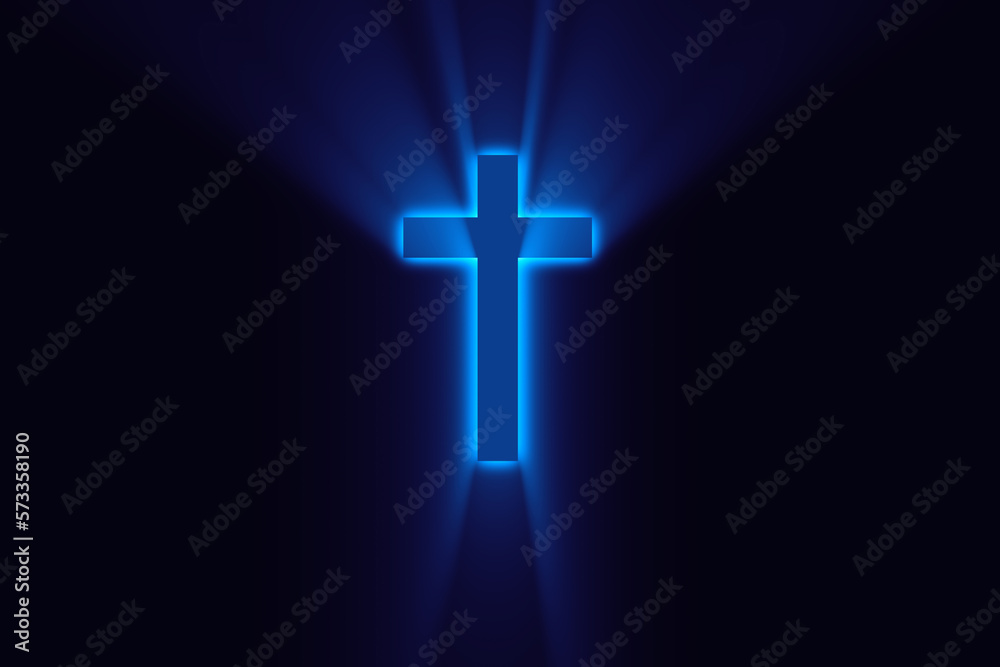 Religioush cross with blue color god rays  shine on the dark  background