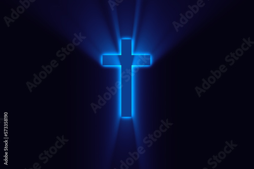 Religioush cross with blue color god rays shine on the dark background