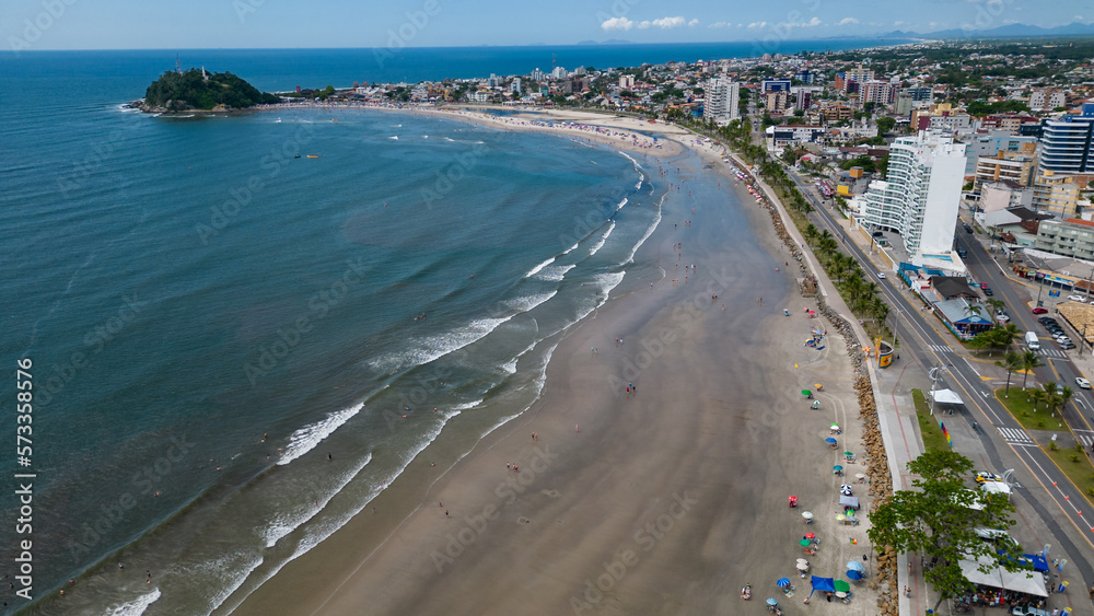 Aerial view of the central beach of the city of Guaratuba in a sunny day on the coast of Paraná, southern region of Brazil