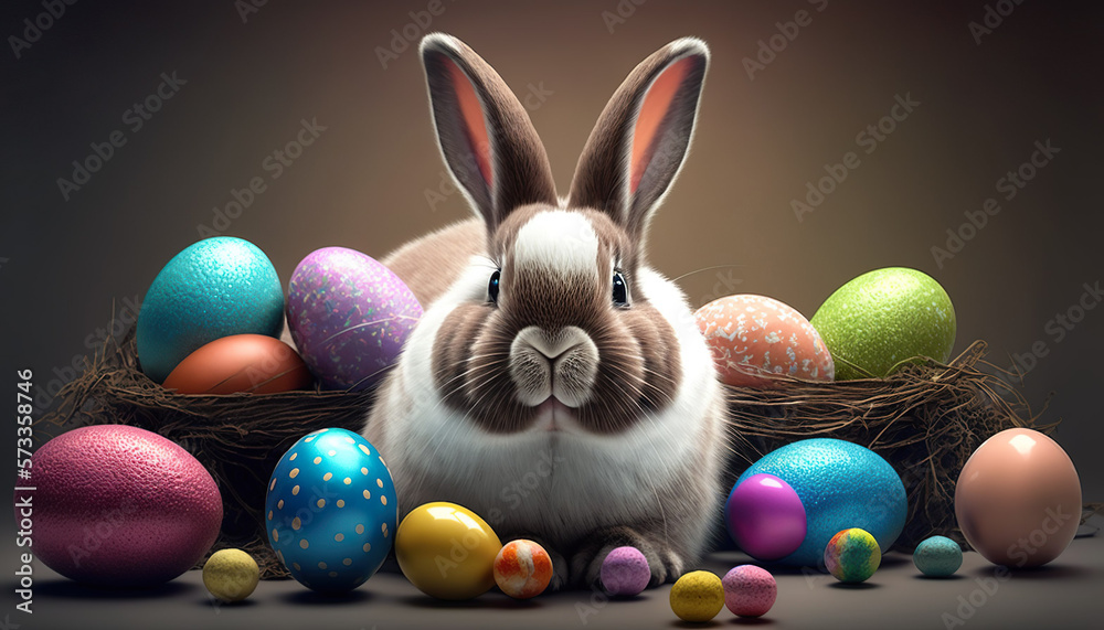 White Easter Bunny on a background of  multi-colored Easter eggs, generative ai