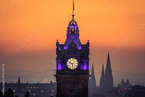 Edinburgh's Balmoral Hotel clock tower at sunset  photo