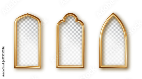 Realistic golden frames in arabic style isolated. Collection of oriental style windows and arches. Arabic golden arch isolated