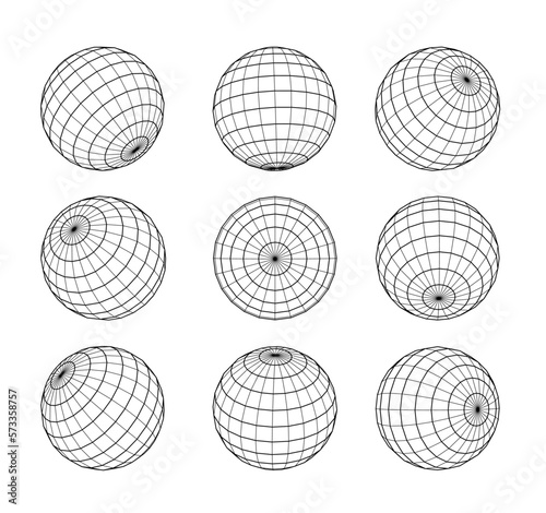 Wireframe sphere in different positions. Globe Grid set. Planet Earth orb vector outline isolated PNG