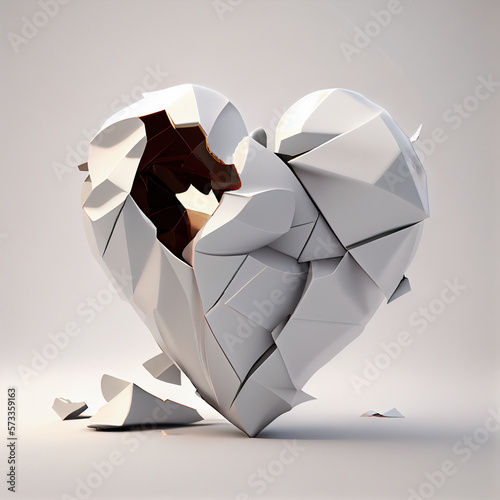 White shell broken heart in 3d with neutral background