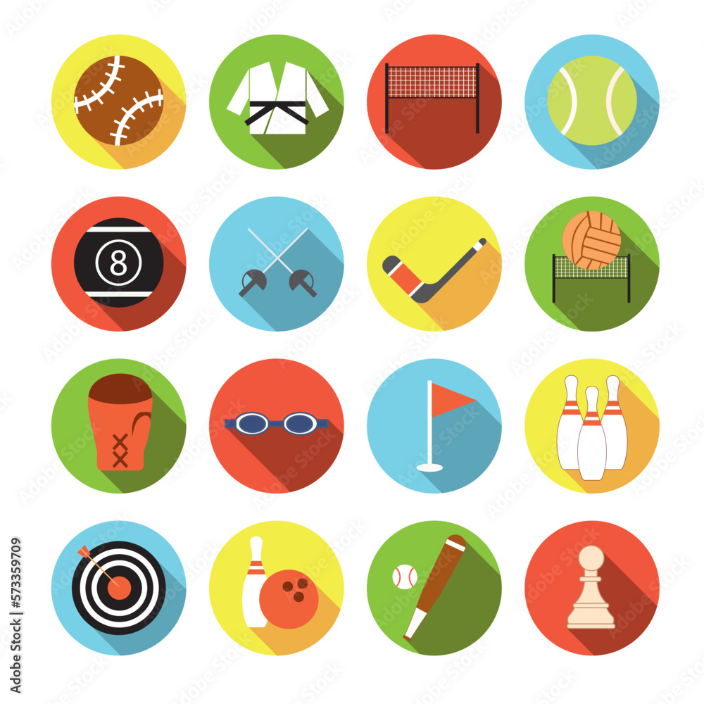 Fototapeta premium Collection of icons with different sport in flat design with shadows