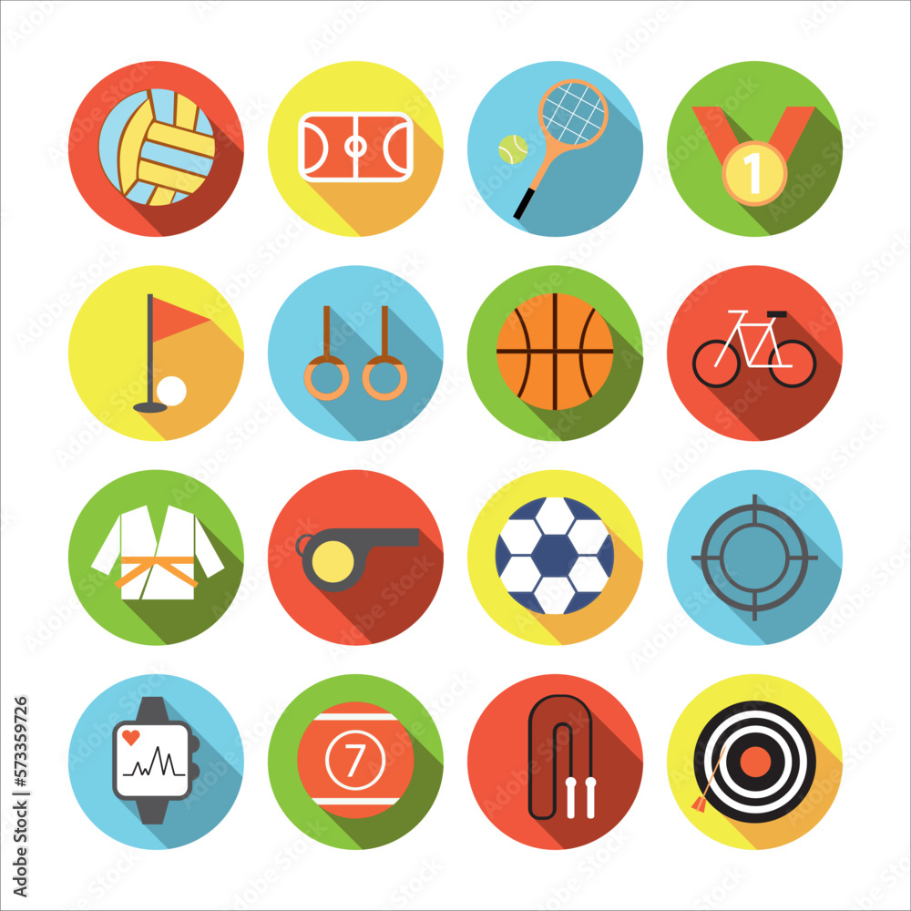 Collection of icons with different sport in flat design with shadows
