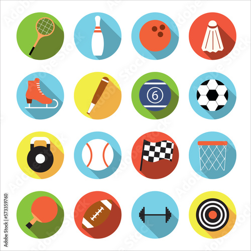 Collection of icons with different sport in flat design with shadows