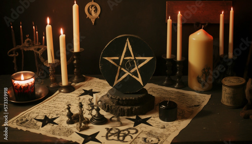 Wiccan altar with magical components, wicker pentacle and cauldron. ai generative. photo