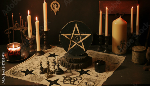 Wiccan altar with magical components, wicker pentacle and cauldron. ai generative.