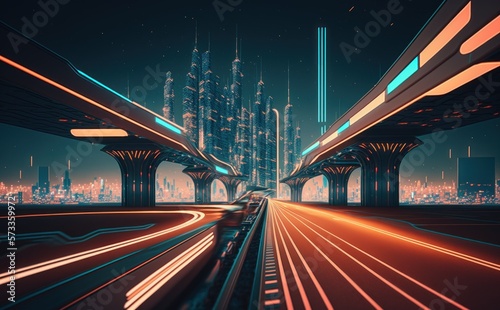 A futuristic cityscape with a train track running through it. Generative AI © Bartek