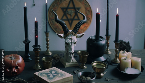 Wiccan altar with magical components, wicker pentacle and cauldron. ai generative. photo