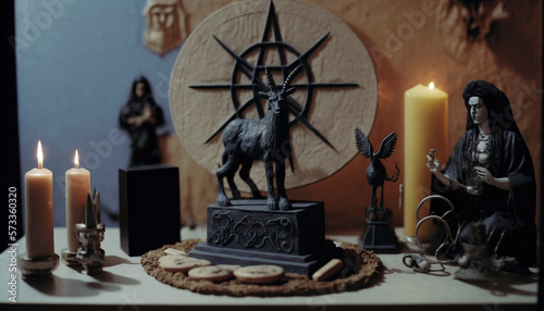 Wiccan altar with magical components, wicker pentacle and cauldron. ai generative.